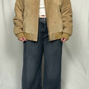 St Johns Bay Vintage Quilted Suede Leather Tan Bomber Jacket Oversized Vintage